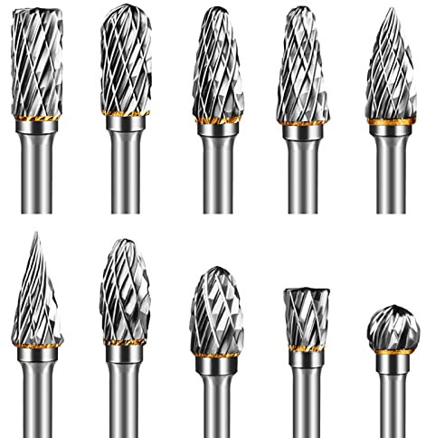 Hakkin 10PCS Double Cut Carbide Burr Set 1/8” Shank Drill Bits Tungsten Carbide Rotary Burr Set for Woodworking, Drilling, Metal Carving, Engraving, Polishing Compatible with Dremel Rotary Tool
