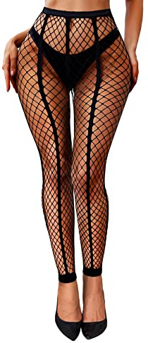 RSLOVE Womens Fishnet Tights Sexy High Waist Stockings Stripe Pantyhose See Through Leggings Black