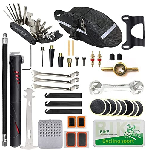 EDIONS Fahrrad Reparaturset, Home Bike Portable Patches Fixes Tool mit Fahrradreparatur Tasche und Fahrradreifenpumpe für Mountainbike und Rennrad Camping Travel Essentials Tool Bag(Minipumpe: Rot)