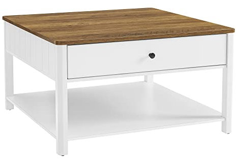 VASAGLE Couchtisch, Wohnzimmertisch, Sofatisch, 2 große Schubladen, mit Beinen, viel Stauraum, maritimer Stil, 80 x 80 x 45 cm, für Wohnzimmer, walnussbraun-weiß LCT207T14