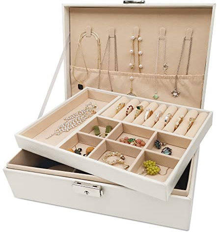 Pahajim Schmuckaufbewahrung für Damen, Schmuckkästchen 2 Stöckige Schmuckkasten PU Leder Schmuckschatulle Jewelry Organizer Schmuckbox für Ringe, Ohrringe, Ohrstecker, Ketten