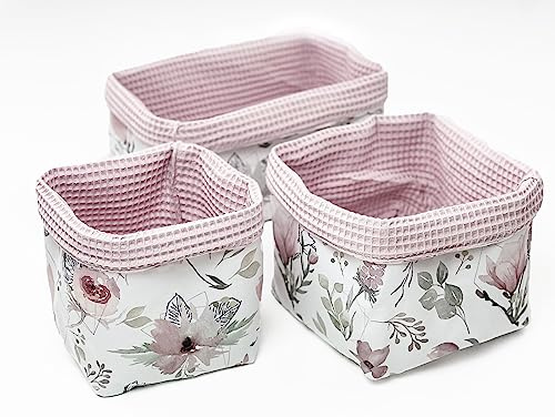 BABEES Aufbewahrungskorb Wickeltisch Baby, Körbchen Set 3 Stück, Organizer Wickelkommode, Utensilo Aufbewahrungsbox Badezimmer (BLUMEN/FLOWERS)