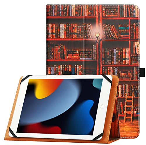 HGWALP Universal Hülle für 9-10,1 Zoll Touchscreen Tablet, Ständer Folio Schutzhülle Mit Verstellbarem Silikonband und Ständer-Library
