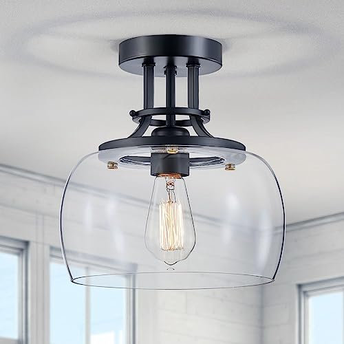 WUZUPS araña rústica casa de campo industrial redonda semi-empotrado techo led lámpara con pantallas de vidrio transparente para el baño cocina vestíbulo entrada, H25 x W25, Negro