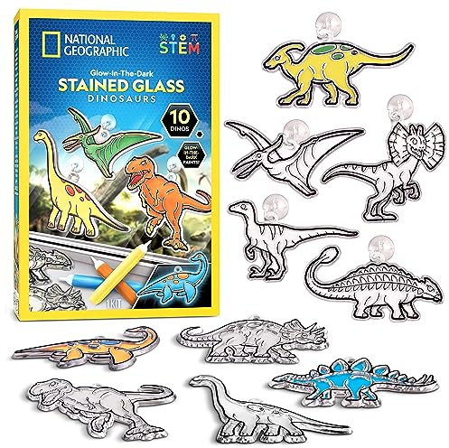 Blue Marble NATIONAL GEOGRAPHIC Kids Stained Glass Kit - Glow in the Dark Dinosaur Toys, Kids Arts and Crafts Set, Window Sun Catchers, Kid Crafts Ages 4-8, Window Art Craft Kit, Suncatcher