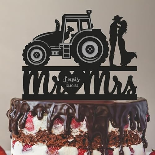 Farm Wedding Cake Topper, Country Mr Mrs Cowboy Farmer Tractor Bride And Groom, 7.8 Inch Acrylic Or Wood Material Option