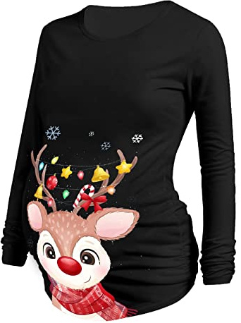 Cocila Damen Christmas Maternity Long Sleeve Drucken Cartoon Printed T-Shirt Tops Pregnancy Blouse Geraffte Umstandsshirt Umstandstop Umstandsmode Schwangerschaft Weihnachten