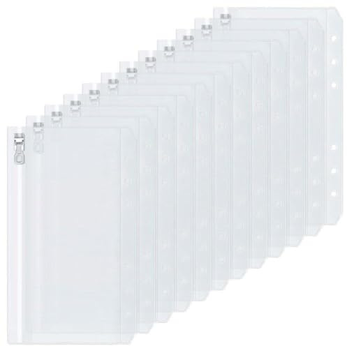 Bolsillos para Carpetas A6 12 Uds. Sobres económicos con 6 Agujeros Bolsa Transparente de PVC con Cremallera para Cuaderno de 6 Anillas Carpeta de informes