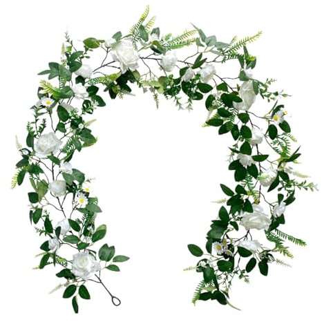Wnvivi Künstliche Blumengirlande, Pfingstrose, Rose, Seide, Blumenranken-Girlande, Frühlingsblumen-Girlande mit grünem Gänseblümchen für Innen- und Außendekoration, 1,9 m lang (weiß)