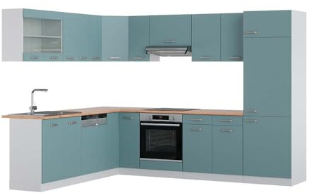 Vicco Eckküche R-Line, Küchenzeile in L-Form, Blau-Grau/Weiß, 227 x 287 cm, AP Eiche