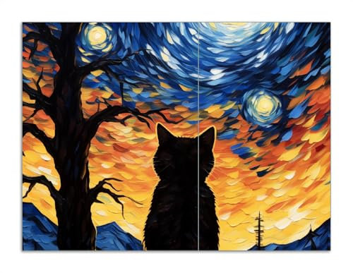 Wallario Herdabdeckplatte/Spritzschutz aus Glas, 2-teilig, 70x52cm mit 13 mm hohen Füßen, für Ceran- und Induktionsherde, Katze im Sternenlicht