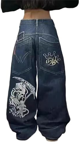 Femme Jeans Baggy Hip Hop Taille Haute Pantalon Crâne Imprimé Denim Ample Streetwear Décontracté