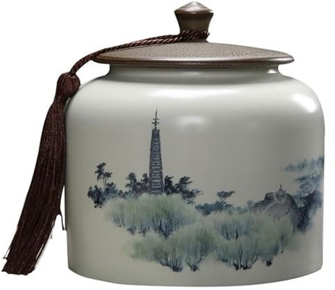CROWEL Chinese Style Tea Caddy，Tea Caddy For Tea Bags，Pantry Storage Containers,Antique Landscape Tea Jar,Tassel Rope Design, Ceramic Tea Caddy