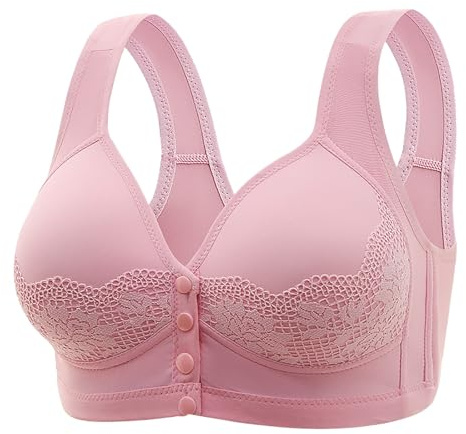 SDERG Front Fastening Bras for Women UK Elderly, Plus Size Ladies Bras Full Coverage Non Wired Comfortable Soft Daisy Bras for Older Women UK Solid Color Front Fastening Bras UK Sale Pink