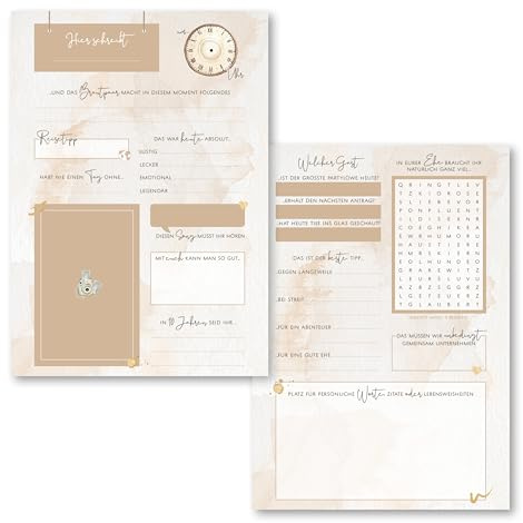 Generisch Gästebuchkarten für Hochzeit, 25er Set in DIN A5 (14,8x21cm), Hochzeitsspiel mit Fragen zum ausfüllen im beige Aesthetic Boho Look, Gästekarten als Gästebuch Alternative