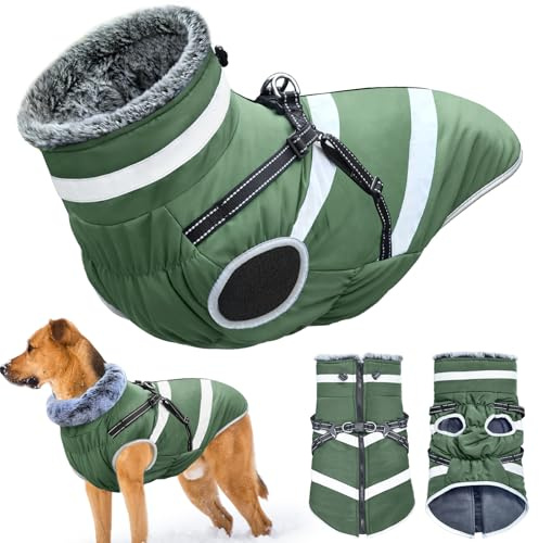 Oslueidy wasserdichte Hundemäntel, Winter Warme Hunde Jacken Reflektierende Haustier Kleidung Hund Kalte Wetter Mäntel Gemütliche Schnee Anzug Jacke Weste für kleine mittlere große Hunde (Grün, XL)