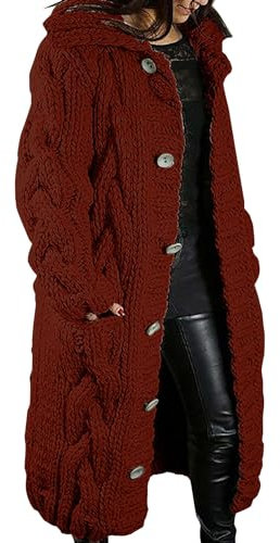 Damen Grobstrick-Cardigan Winter Übergröße – Jacken für Damen, lange Pullover mit einreihigen Knöpfen, langärmelig, warm, verdickt, Outwear, Winter mit Tasche, Mäntel, Kapuzenpullover, locker,