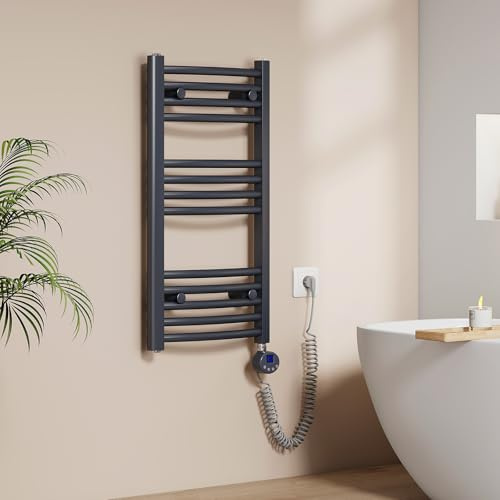 EMKE Radiador Toallero Eléctrico para Baño 75 x 40 cm, Antracita, 250 W | Radiador Curvado con WiFi Termostato, Calientatoallas Eléctrico, Soporte Toallero Eléctrico