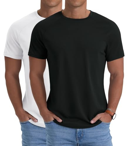 PrinStory 1 eller 2-pack kortärmade sportt-shirts män snabbtorkande gym fitness löptröja andas rund hals träningströja, Svart + vit, M