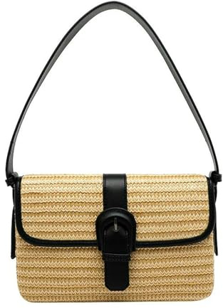 EIDIRGHB Strohtaschen Damen Shopper Strohhalmbutte Gewebter Strandtasche Sommer Strohkupplungen Boho Crossbody Taschen Für Frauen Kleine Raffia -umhängetasche-schwarz