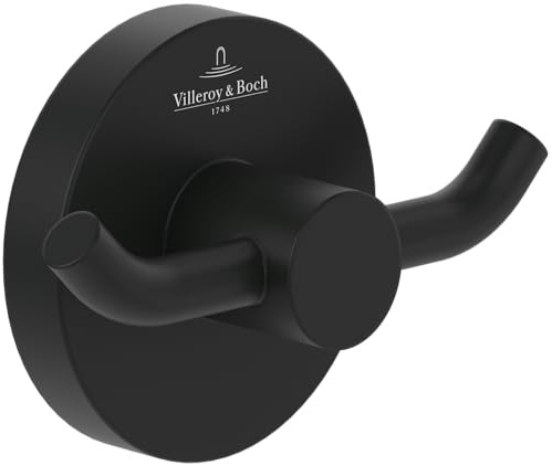Villeroy & Boch Toallero de doble gancho Elements Tender, gancho toallero de baño para montaje en la pared, fabricado con zinc, accesorio de baño, redondo, 76 x 32 x 54 mm, Negro mate