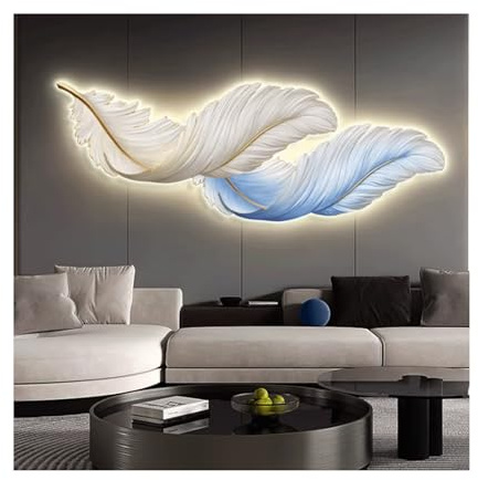 Pittura Murale Grande decorazione per arte da parete a LED in piuma 3D con luce illuminata da parete piuma scultura 3D parete appesa a parete appesa lampada murale decorativa per soggiorno Ufficio