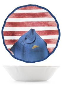 H&H, Set 6 Piatti Fondi Marea in Melamina Decorata – Ø19 cm – Righe Bianche e Rosse, Bordo Blu, Decoro Pesce – Lavabili in Lavastoviglie
