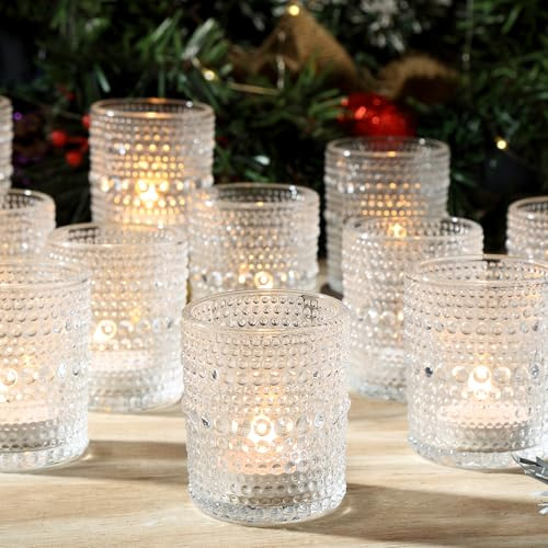 Ligtmor Pack of 24 Transparent Tea Light Cups, Glass Tea Light Holders with Embossed Pattern, Romantic Vintage Candle Holder, Clear Tea Light Glasses (24, Polka Dots)
