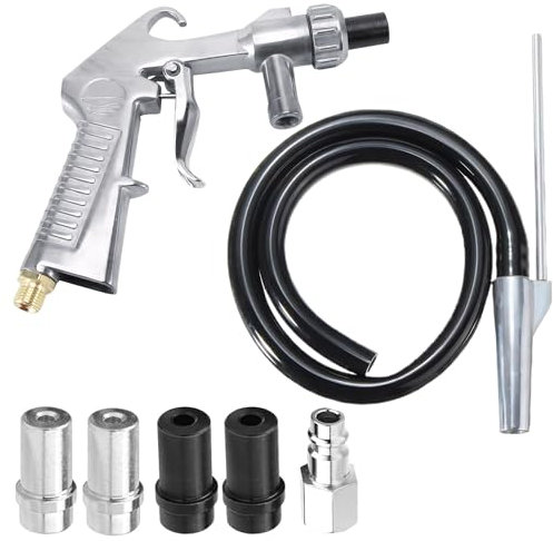 Vleant Sandstrahlpistole Druckluft-Set - Komplettes Sandstrahlgerät mit 5MM/6MM Metallschnauze, 1 Meter langer Gummischlauch und Luftanschluss für Sandstrahlen