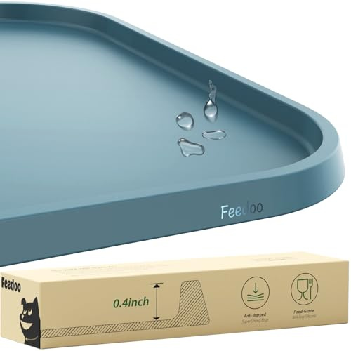 Feedoo Tappetino Ciotole Gatto e Cane,Tappetino in Silicone Extra Spesso [bordo rialzato resistente alle deformazioni], posizionamento in silicone impermeabile per ciotole per cibo e acqua (Blu)