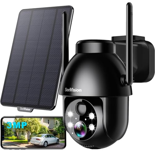SeeVision Solar Security Cameras Wireless Outdoor, 2K PTZ WiFi 3MP Indoor Security Camera for Home with Spotlight, PIR Motion Detection,Siren, Color Night Vision, 2-Way Talk, SD/Cloud Storage