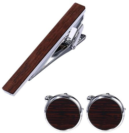 JewelryWe Holz Krawattenklammer und Manschettenknöpfe für Herren: 3 Stück Braun Holz-Metall Krawattennadel Cufflinks Set Business Hochzeit Anzug Accessoires Geschenk für Vater Ehemann Freund