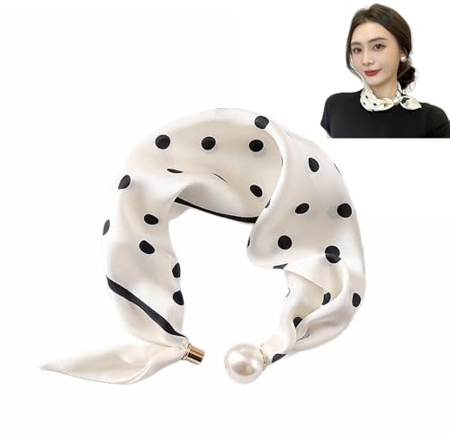 MIUPOO Magnetic Pearl Scarf,Satin Scarves for Women,Classic Printing Scarf,Elegant Neck Tie,Hair Bandanas Scarves,1 Piece. (1, white)