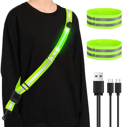 Starvortex Leuchtband Joggen mit Reflektoren Gürtel, Hochsichtbare Nacht Sicherheitslicht Laufgürtel, LED Lauflicht mit 2er Reflektierende Sicherheits Armband, Wiederaufladbare Verstellbarer Lauflicht