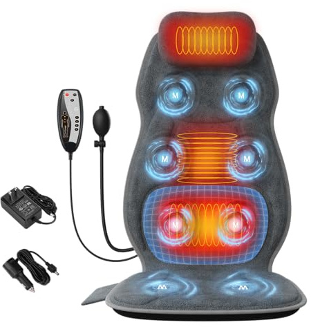 comrelax Back Massager with Heat, Full Body Massage Pad with Pillow Neck Support, Soft Plush Fabric Cover, Chair Massager with 3D Lumbar Truction and 8 Vibration Motors, Home Office Use