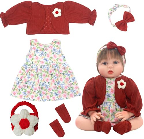 Xerteam Vestiti per bambole 18-22 pollici, abiti per bambole da 50-55 cm, accessori per bambole eleganti e luminosi, set di gonne floreali rosse, fascia per capelli, borsa tessuta, calzini (bambola