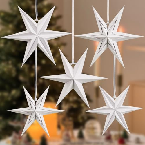 SUNBEAUTY 5er Set Papiersterne Weihnachten,Papiersterne zum Aufhängen Weiß,6 Zacken Faltsterne Weihnachtsstern Tischdeko Weihnachten Weihnachtsdeko für Innen Außen Weihnachtsbaum Kamin