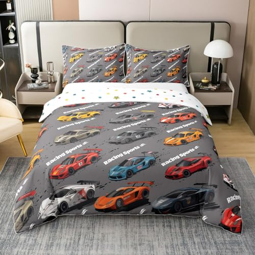 richhome Voiture De Course Ensemble De Literie Jeux Voiture 100% Coton Housse Couette 140x200cm Thème Literie pour Les Enfants Garçons Filles Vitesse Sport Parure Lit