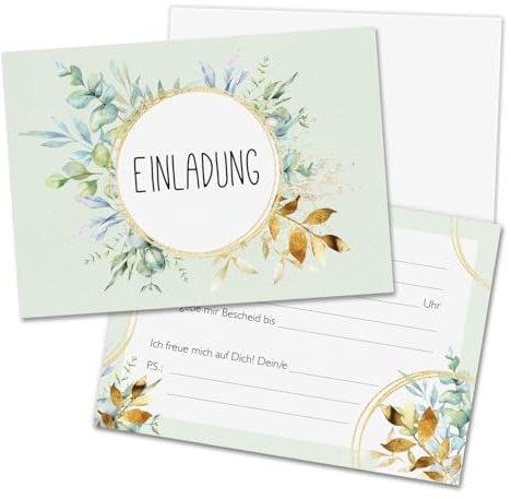 younikat 15x Einladungskarten Eukalyptus Gold DIN A6 Umschläge - you0136 | mit Umschlägen, zum Ausfüllen, Einladungs-set, matte Oberfläche, mit Lückentext