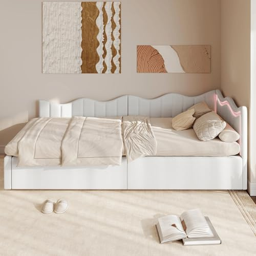 Julyue Einzelbett Polsterbett 90x200, Schlafsofa Bett mit hydraulischem Stauraum, Daybett mit LED, Gästebett jugendbett Kinderbett mit Lattenrost, Leinen, ohne Matratze (Weiß, 90x200 cm)
