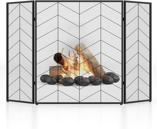 FANTASK 3-teilige Kaminschirm, Faltbare Kaminschutzgitter mit stabilem Metallrahmen, Kamin Funkenschutz, 132 x 79 cm (schwarz, Fischgrätenmuster)
