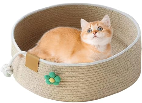 Yulokdwi Katzenkorb Bett - Großes Geflochtenes Katzen Schlafbett Haustier Nest - Beruhigendes Kratzhaus zum Ausruhen Schlafen Winter Sommer Spielen Wohnzimmer Schlafzimmer Büro Fensterbank