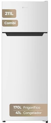 EVVO Frigorífico 2 Puertas F40, 211 L (170 L + 41 L), 142,8 cm, Clase E, 41 dB, Congelador 4 Estrellas, Baldas Cristal, Bajo Consumo, Blanco