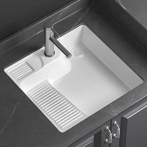 Pila Lavadero con Tabla de Lavar, Lavabo Baño de Cerámica, Lavabo Bajo Encimera, con Grifo Extraíble y Kit Drenaje, para Baños, Balcones y Lavaderos