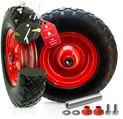 Schubkarrenrad Vollgummi 4.80/4.00-8 | PU Pannensicher | Universal Reifen für Schubkarre | Stahlfelge 200 kg Traglast | Laufruhig & Wartungsfrei | inkl. Achse & Schutzhülsen| Ersatzrad für Karren Wage