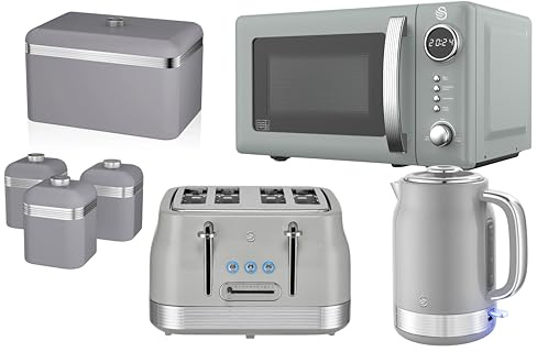 Swan Retro Revive Grey Kitchen Bundle – 1.7L Rapid Boil Kettle, 4 Slice Toaster, Digital Microwave, Retro Breadbin & Canisters. Matching Kitchen Set of 7- Grey Glossy Finish/Chrome Accents