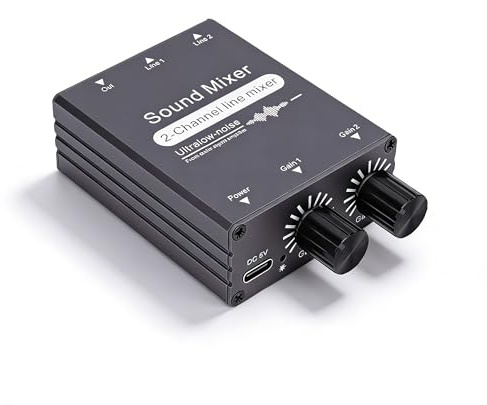Sxhlseller 2 Channel Audio Mixer, 3.5mm Stereo Mini Mixer with Dual Volume Controls USB C Power and Aluminum Case, for Computer Gaming Console TV Smartphone to Speaker