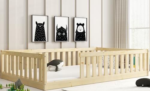 Interbeds Bodenbett Bella120x200 mit Rausfallschutz & Lattenrost Kinderbett aus Holz Einzelbett Montessori bed Gitterbett Kleinkindbett bis 120 kg Kiefer Holz massiv Junge Mädchen (Naturholz, 120x200)