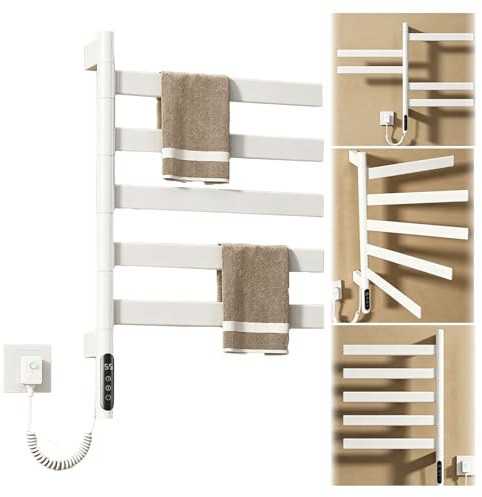 MOZTBH Scaldasalviette Elettrico per Bagno, a Parete, con Barre girevoli a 180°, Display e Touchscreen, Intelligente, antiruggine, salvaspazio, 1 Pezzo-White||68x45cm(27x18in)-120W