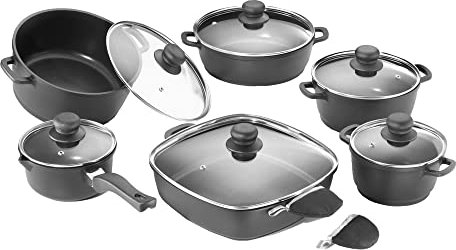 Karcher 112914 Batterie de cuisine en fonte d’aluminium (12 pièces, revêtement anti-adhésif Teflon®-Classic, avec une paire de gants de protection thermique) noire